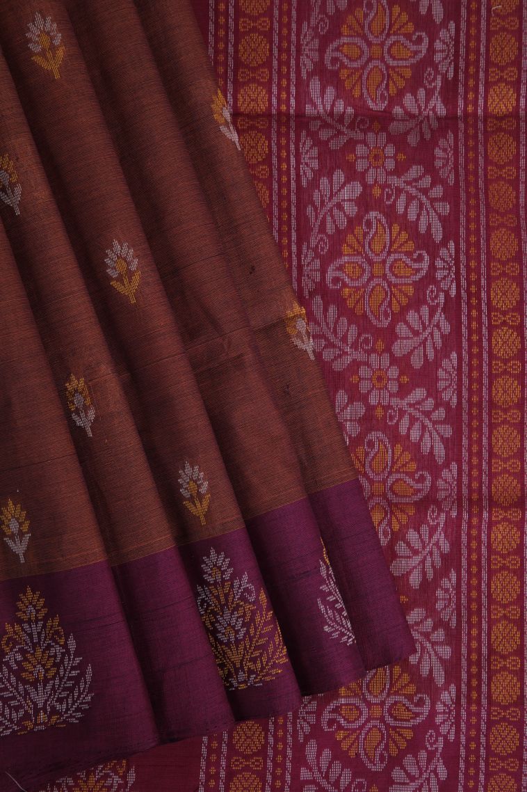 Cinnamon Brown Pure Handloom Kovai Cotton with Without Zari Zari Floral Patterns view 1