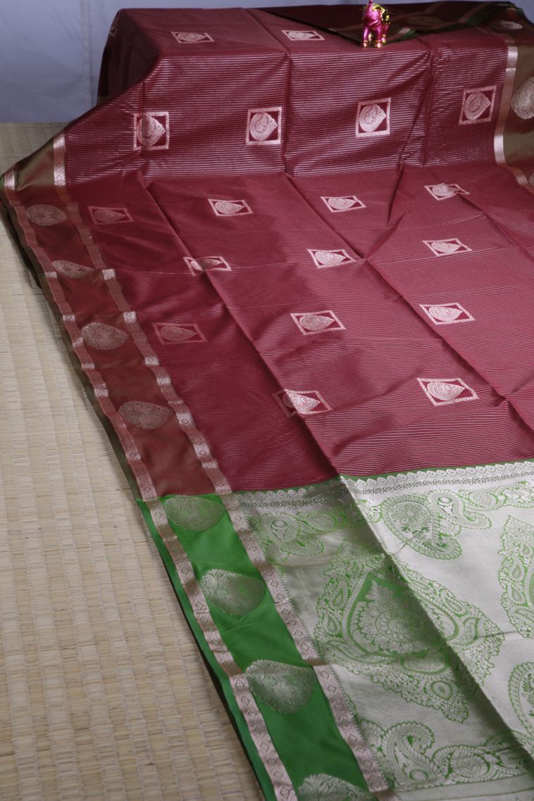 Garnet Red Soft Silk Sarees with Gold Zari Floral Patterns view 2