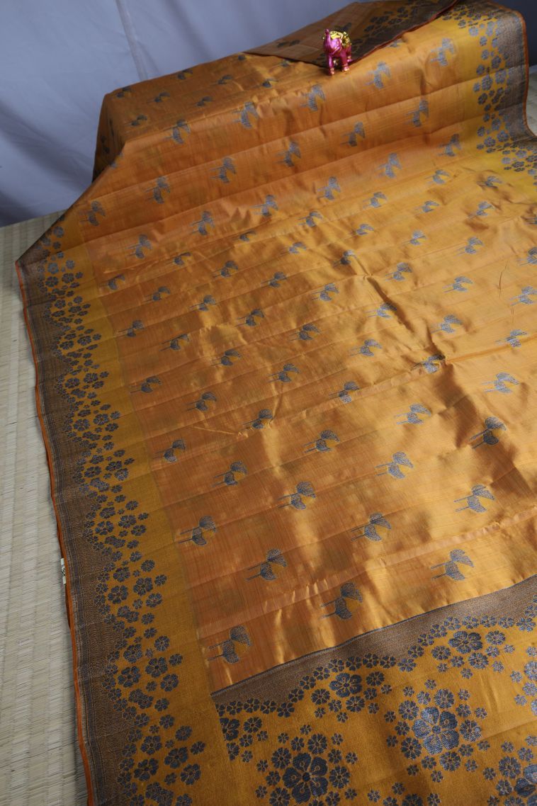 Honey Orange Raw Silk Sarees with Without Zari Zari Floral Patterns view 2
