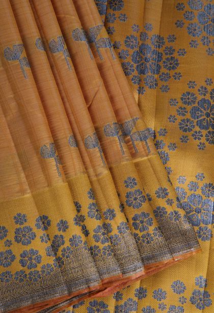 Honey Orange Raw Silk Sarees with Without Zari Zari Floral Patterns