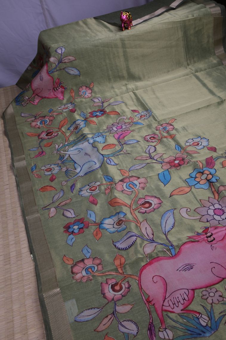 Sage Green Tussar Saree with Silver Zari Animal And Bird Motifs view 2