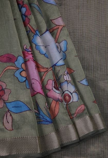 Sage Green Tussar Saree with Silver Zari Animal And Bird Motifs