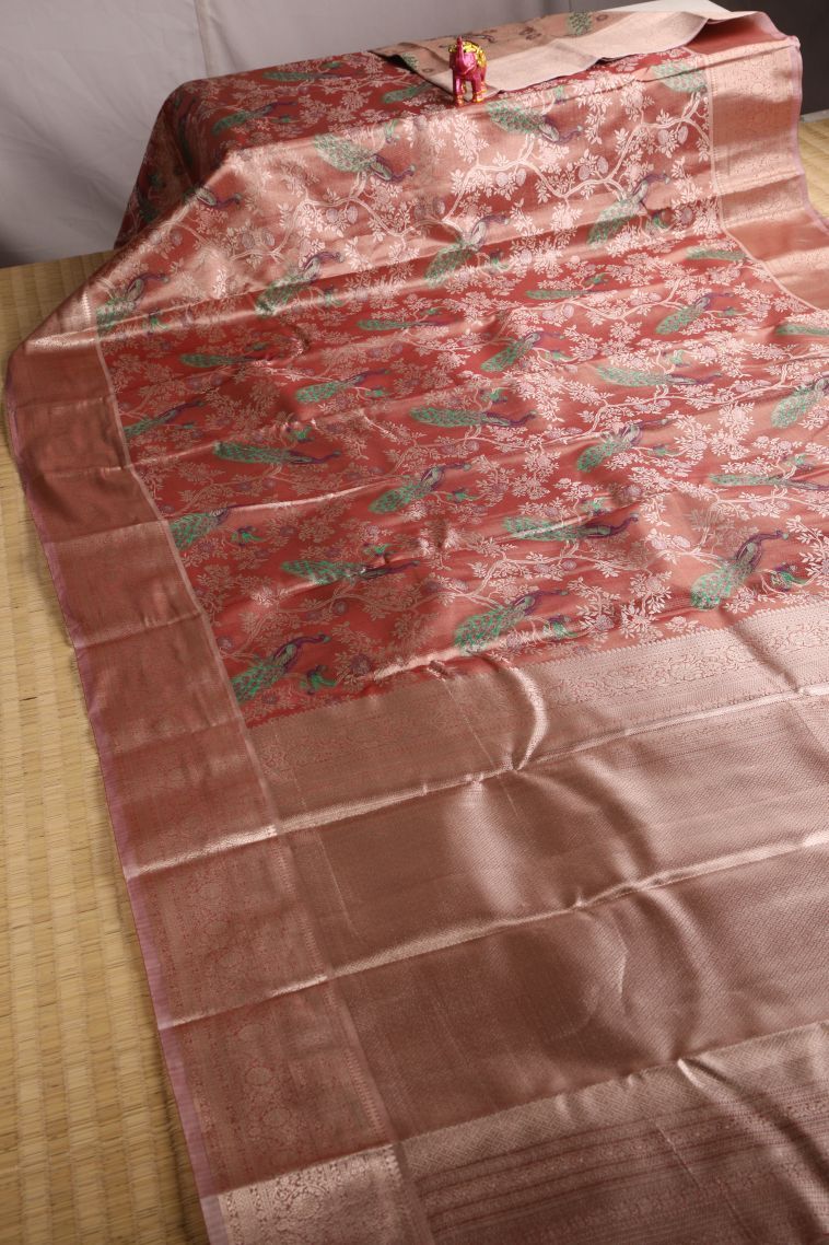 Amber Orange Tissue Silk Sarees with Gold Zari Peacock Motifs view 2