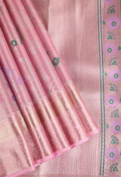 Ballet Pink Tissue Silk Sarees with Gold Zari Animal And Bird Motifs