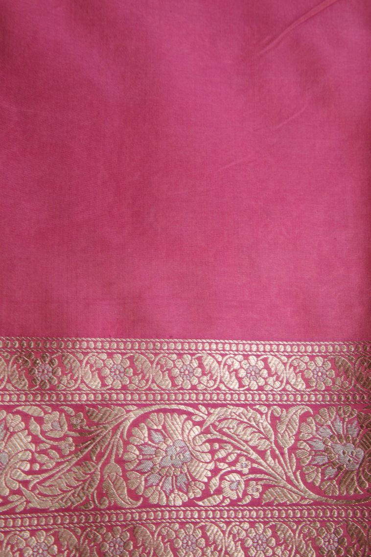Rose Pink Banaras Silk Saree with Gold Zari Floral Patterns view 3