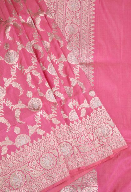 Rose Pink Banaras Silk Saree with Gold Zari Floral Patterns