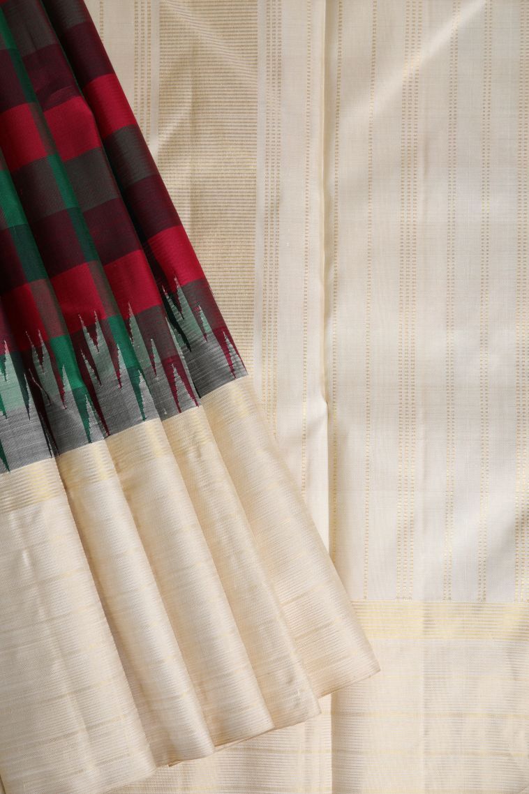 Rose  Red Kanchipuram Silk Sarees with Gold Zari Checks view 1