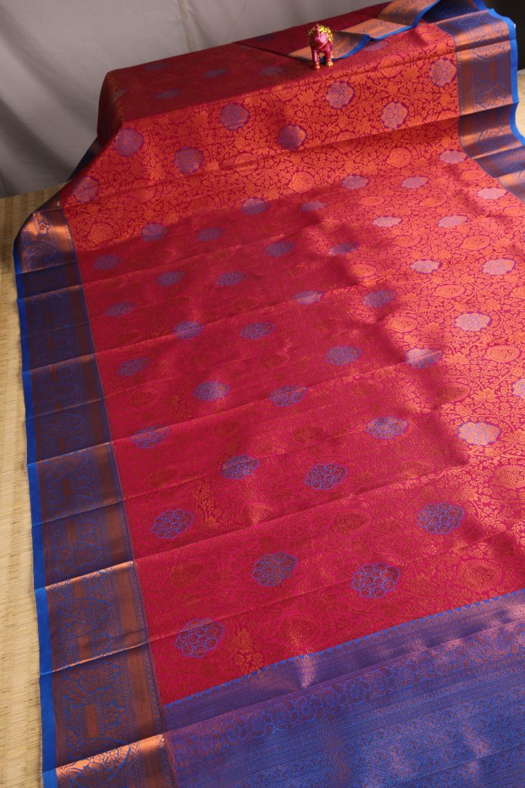 Rose  Red Visiri Madippu Silk Sarees with Copper Zari Floral Patterns view 2