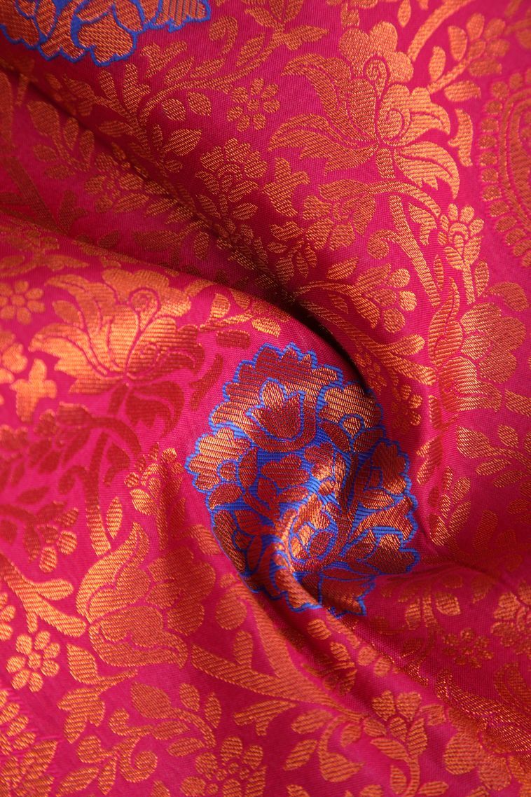 Rose  Red Visiri Madippu Silk Sarees with Copper Zari Floral Patterns view 4