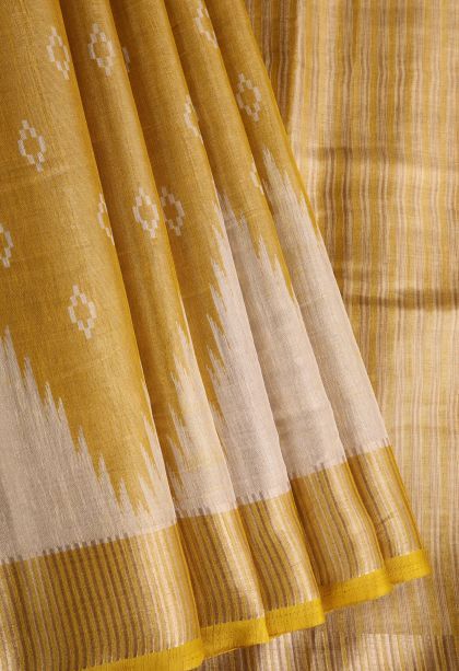 Gold Semi Raw Silk Printed with Gold Zari Floral Puttas