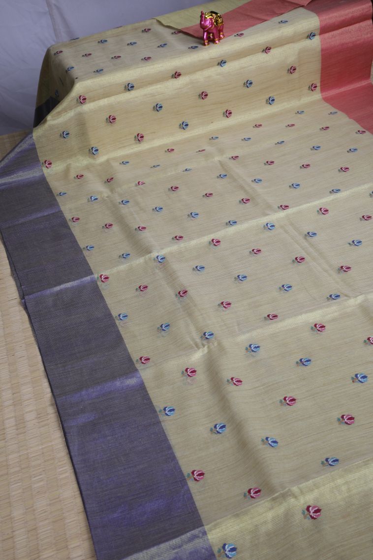 Sand Yellow Tissue Silk Sarees with Without Zari Zari Floral Patterns view 2