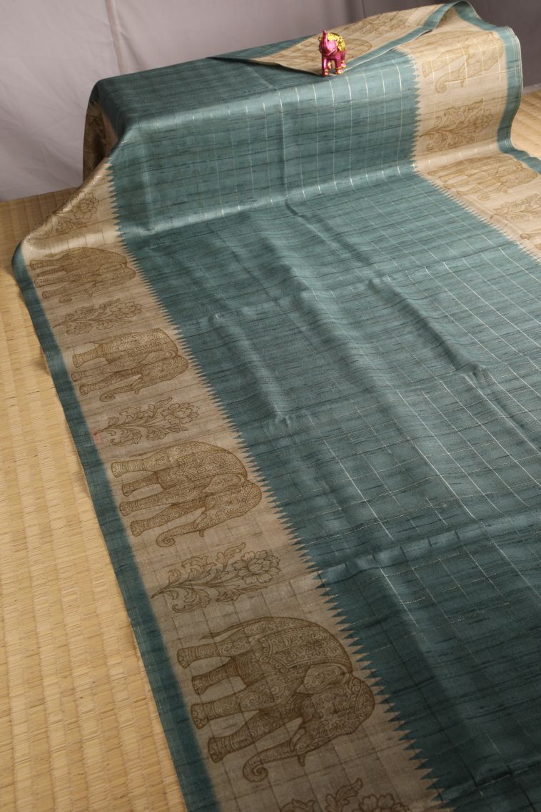 Stone Blue Jute Sarees with Gold Zari Horizontal Model view 2