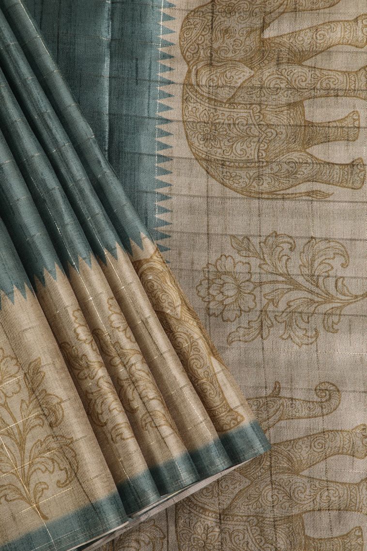 Stone Blue Jute Sarees with Gold Zari Horizontal Model