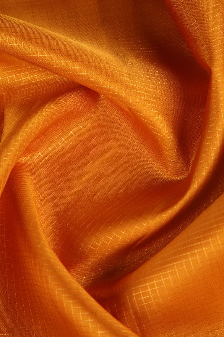 Apricot Orange Kanchipuram Silk Sarees with Gold Zari Small Checks Pattern view 4