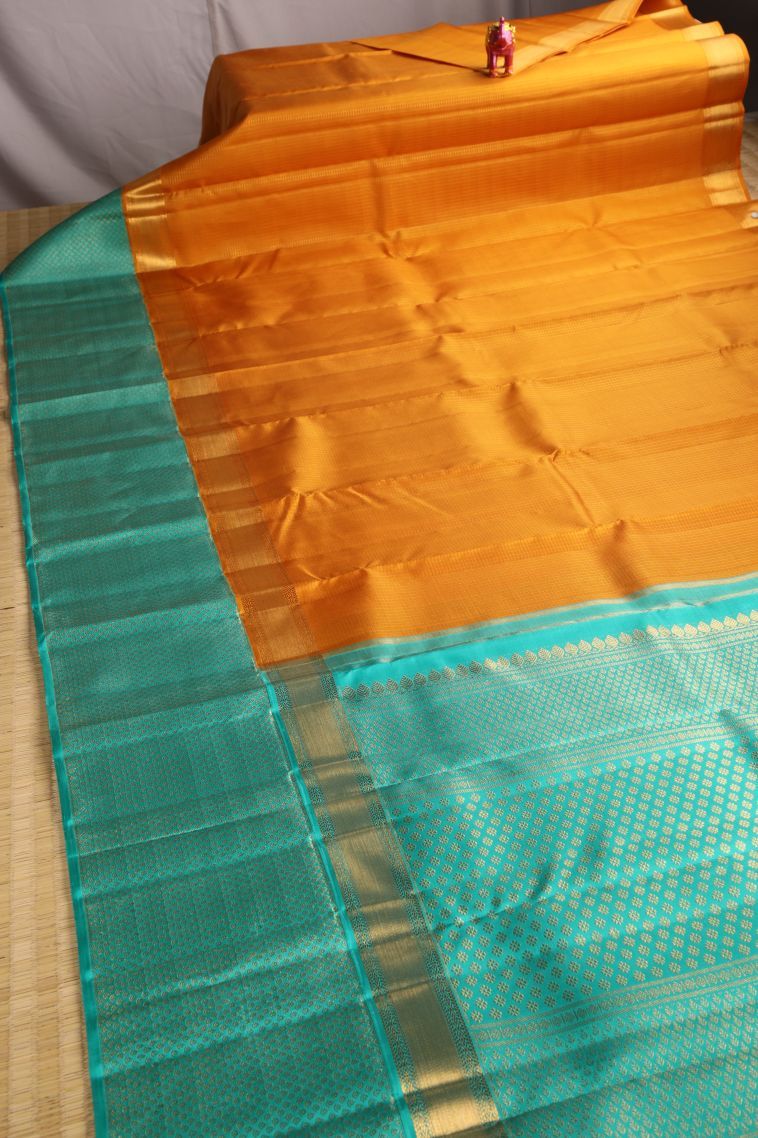Apricot Orange Kanchipuram Silk Sarees with Gold Zari Small Checks Pattern view 2