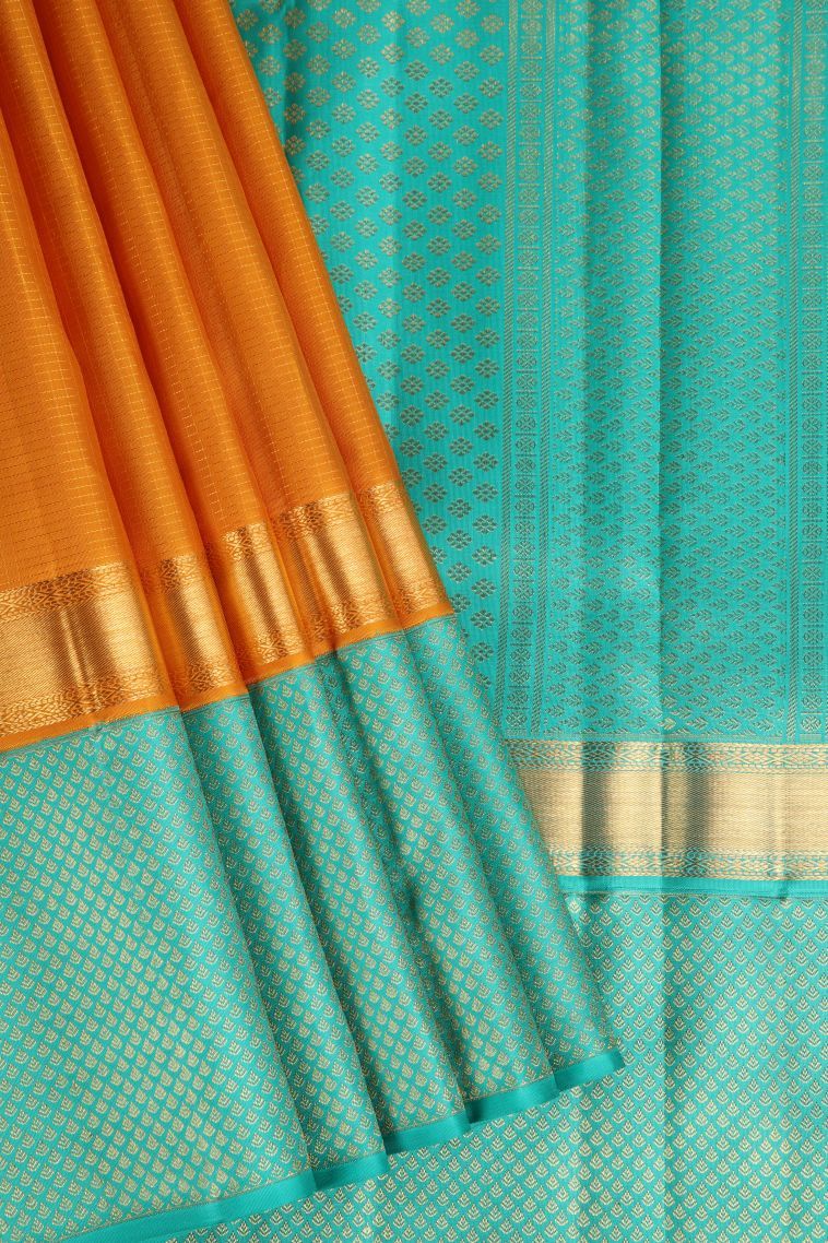 Apricot Orange Kanchipuram Silk Sarees with Gold Zari Small Checks Pattern