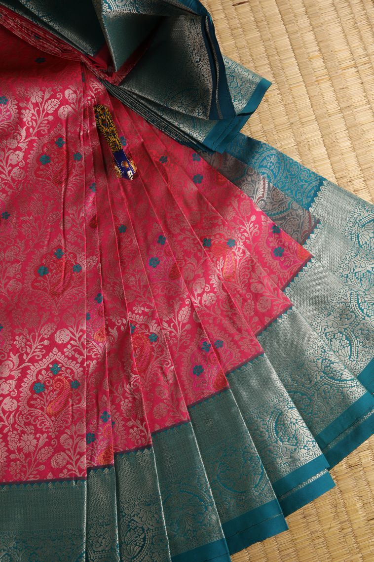 Hot Pink Visiri Madippu Silk Sarees with Silver Zari Floral Patterns view 1