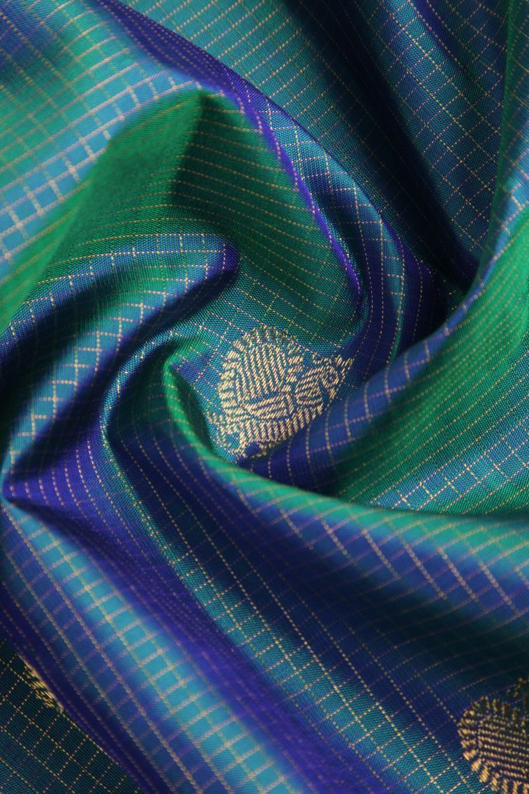 Daffane Blue Kanchipuram Silk Sarees with Gold Zari Peacock Motifs view 4