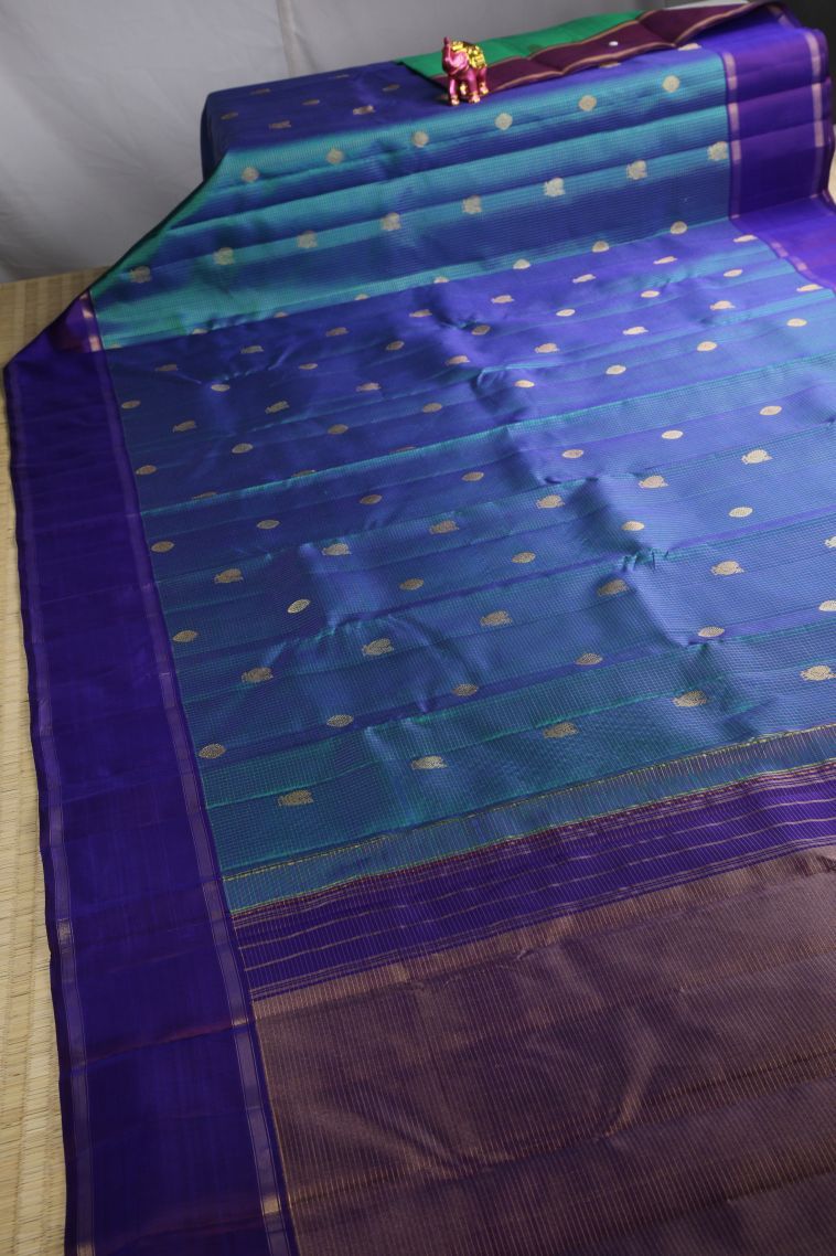 Daffane Blue Kanchipuram Silk Sarees with Gold Zari Peacock Motifs view 2