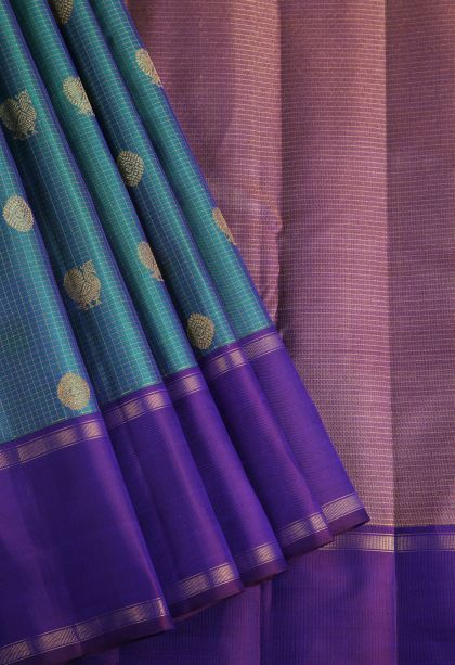 Daffane Blue Kanchipuram Silk Sarees with Gold Zari Peacock Motifs