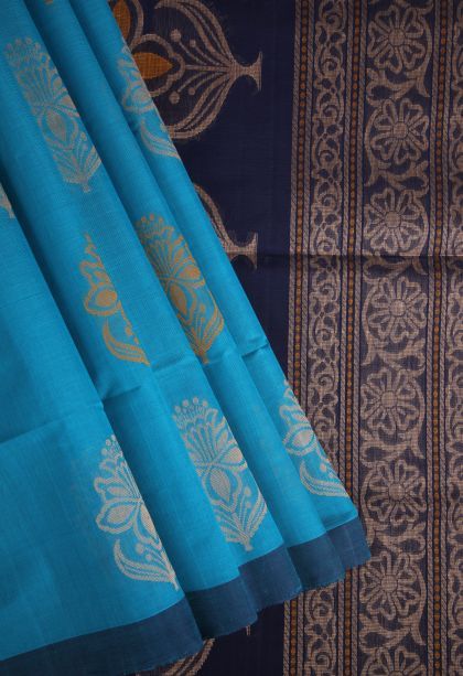 Arctic Blue Pure Handloom Kovai Cotton with Without Zari Zari Floral Patterns