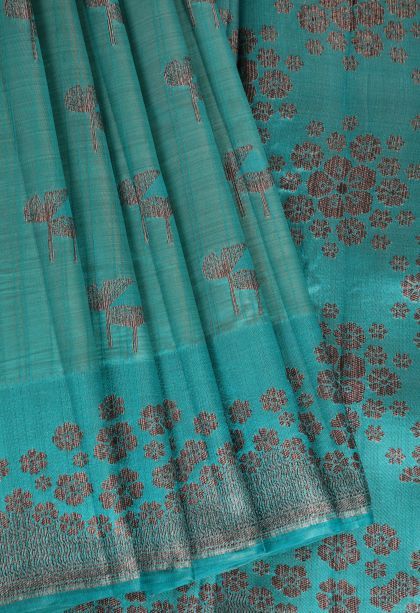 Teal Blue Raw Silk Sarees with Without Zari Zari Floral Patterns
