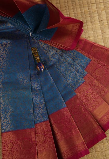 Azure Blue Visiri Madippu Silk Sarees with Gold Zari Floral Patterns