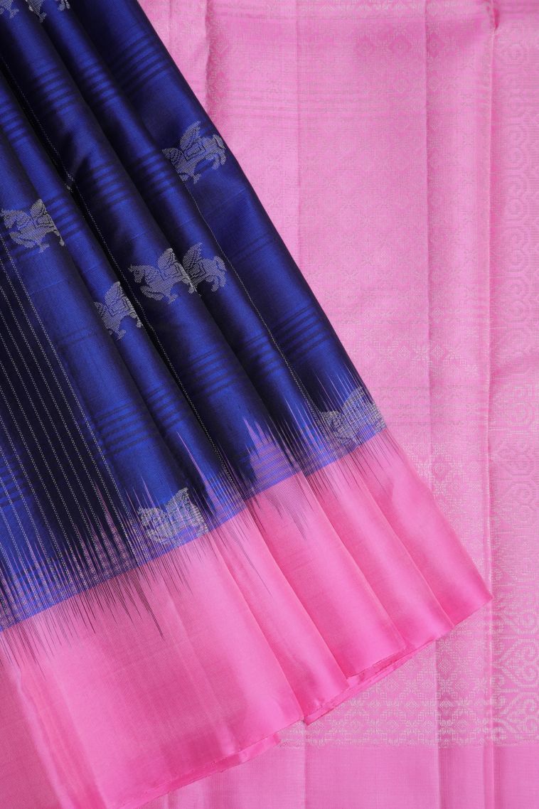 Berry Blue Soft Silk Saree with Gold Zari Animal And Bird Motifs view 1
