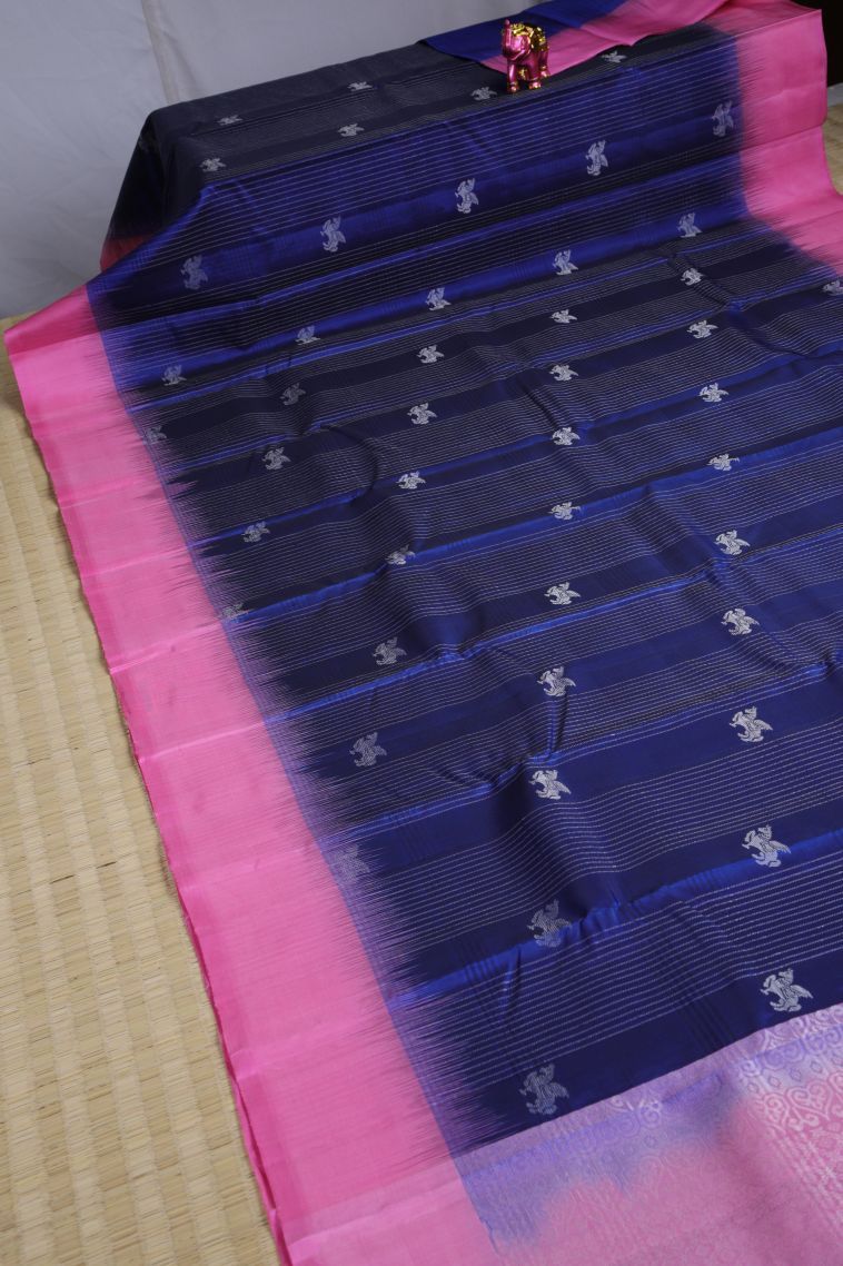 Berry Blue Soft Silk Saree with Gold Zari Animal And Bird Motifs view 2
