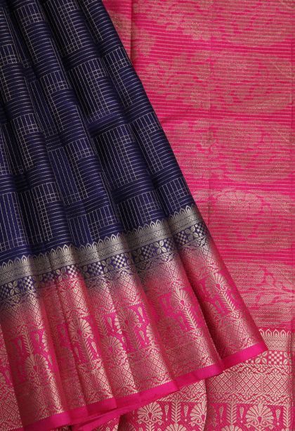 Indigo Blue Raw Silk Sarees with Gold Zari Geometric Shapes