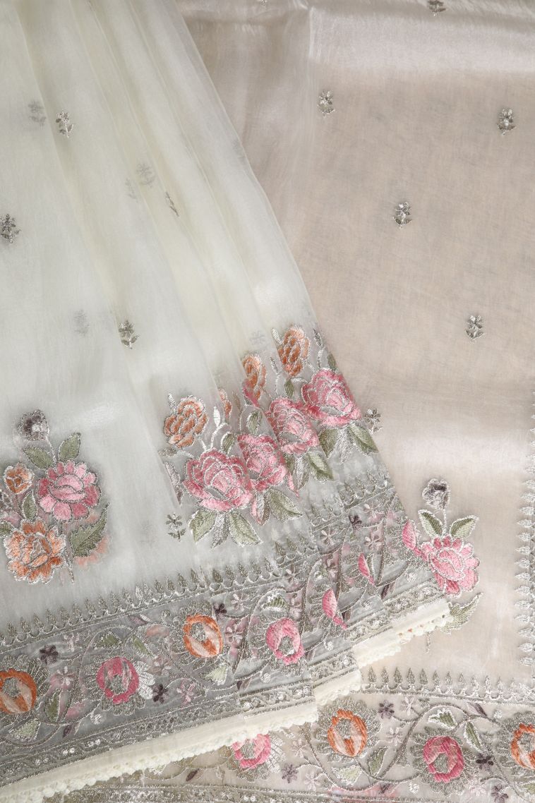 Chiffon White Organza Saree with Silver Zari Floral Patterns view 1