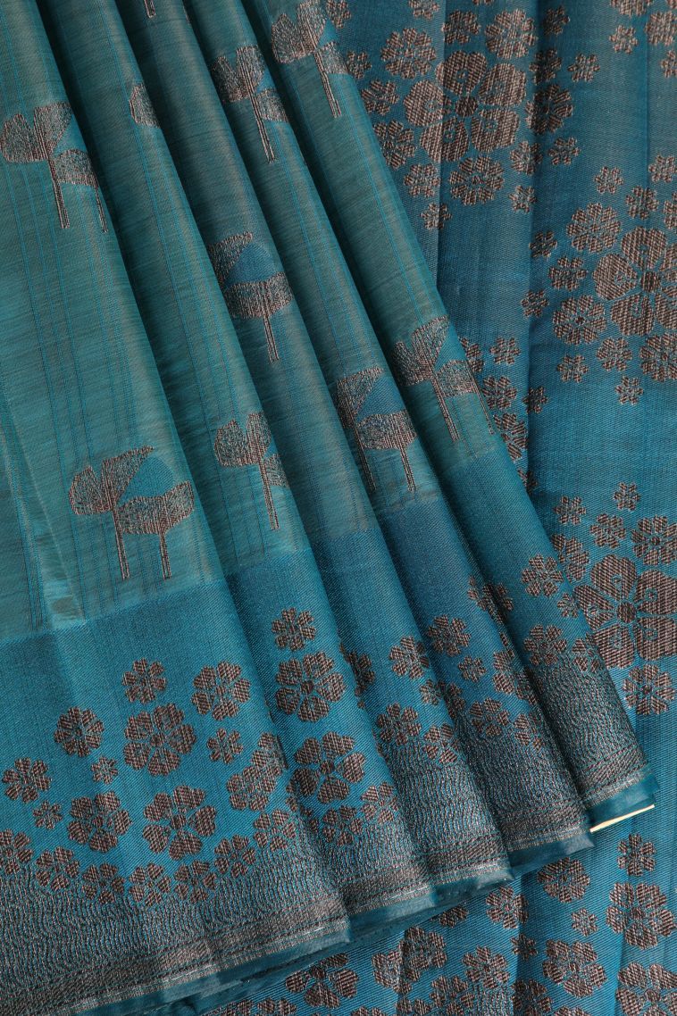 Teal Blue Raw Silk Sarees with Without Zari Zari Floral Patterns view 1