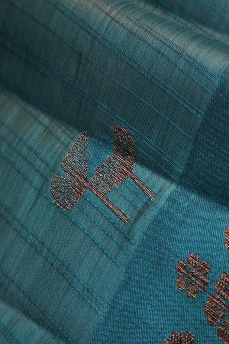 Teal Blue Raw Silk Sarees with Without Zari Zari Floral Patterns view 4