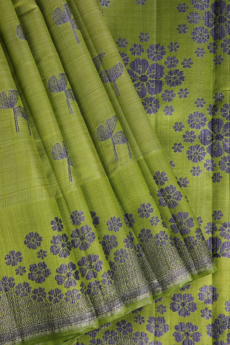Pickle Green Raw Silk Sarees with Without Zari Zari Floral Patterns view 1