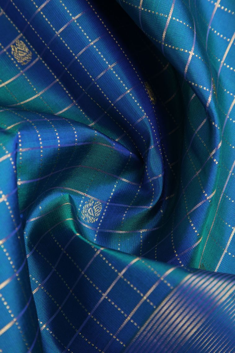 Peacock Blue Kanchipuram Silk Sarees with Gold Zari Vaira Oosi view 4