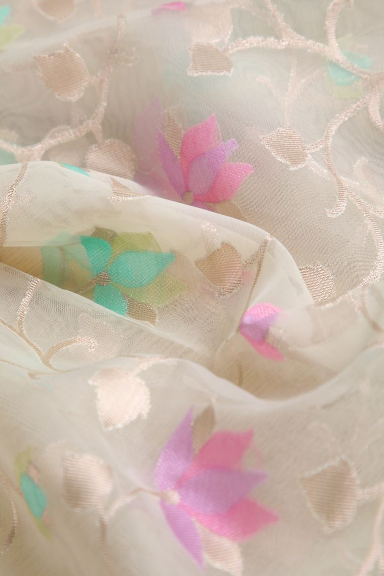 Ivory White Organza Saree with Copper Zari Floral Patterns view 4