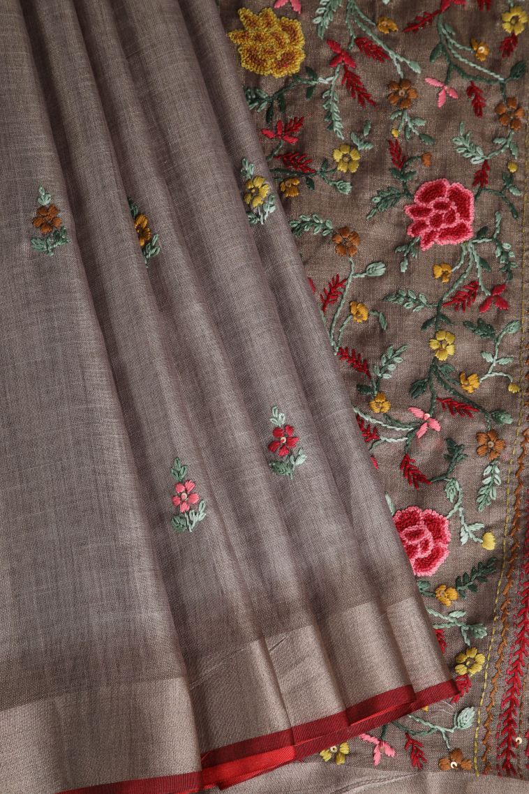 Tawny Brown Linen Saree with Gold Zari Buttis (small Dots Or Motifs) view 1