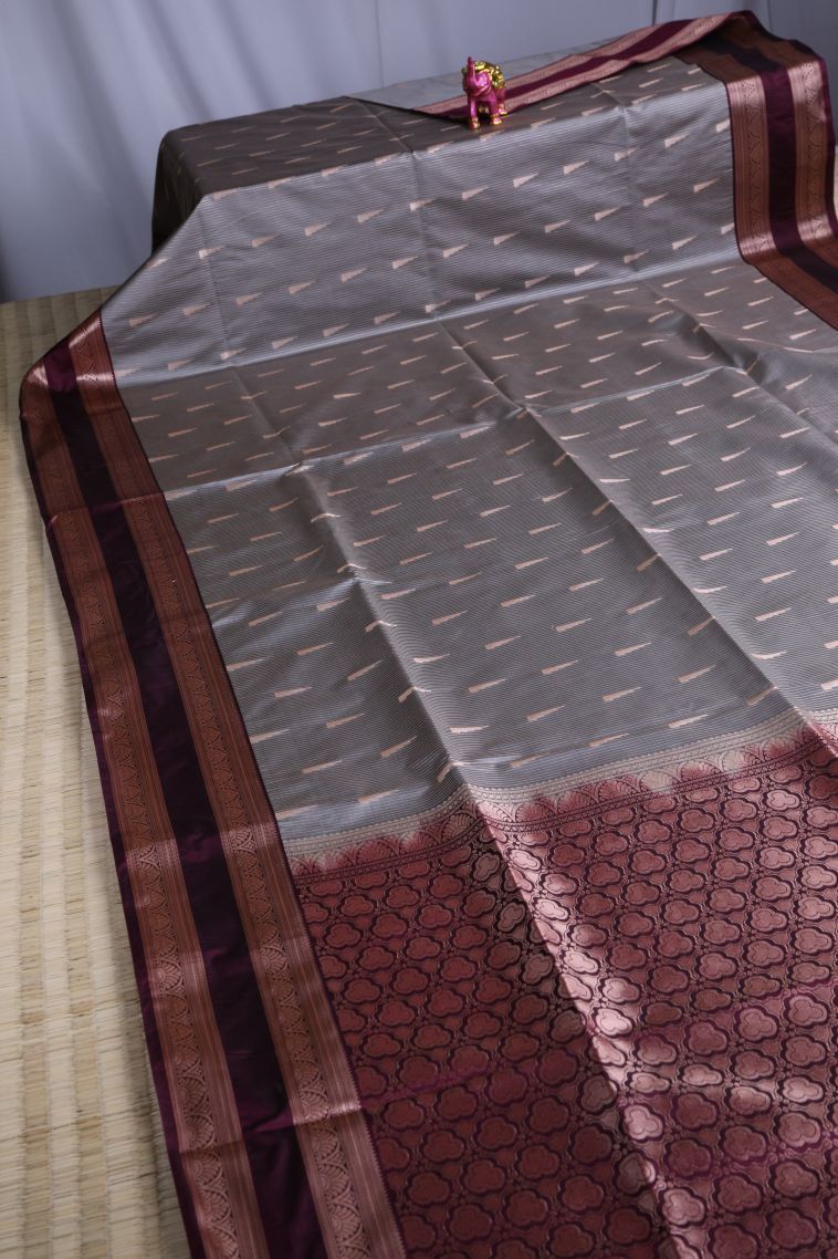 Granite Black Soft Silk Saree with Copper Zari Geometric Shapes view 2