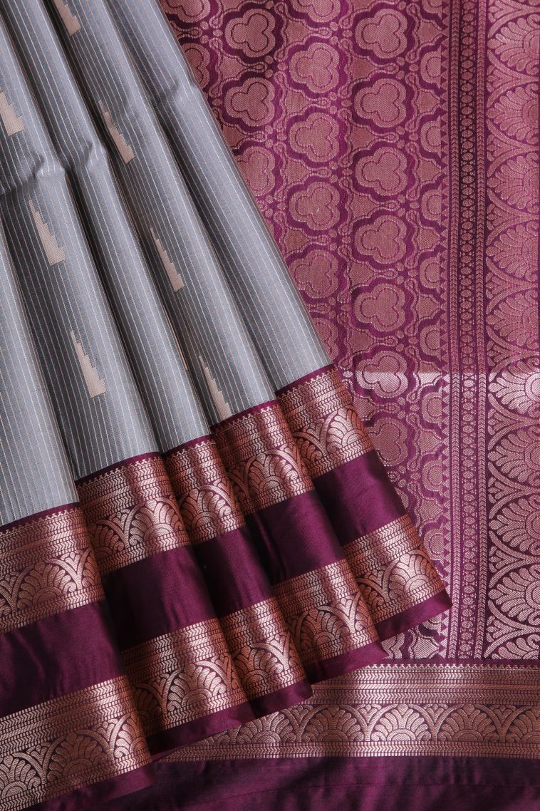 Granite Black Soft Silk Saree with Copper Zari Geometric Shapes view 1