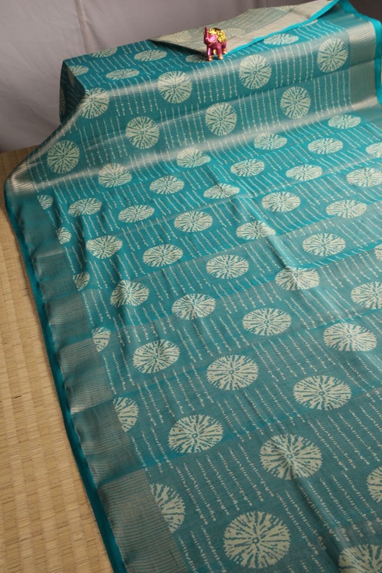 Teal Blue Semi Raw Silk Printed with Gold Zari Bandhani / Tie Dye view 2