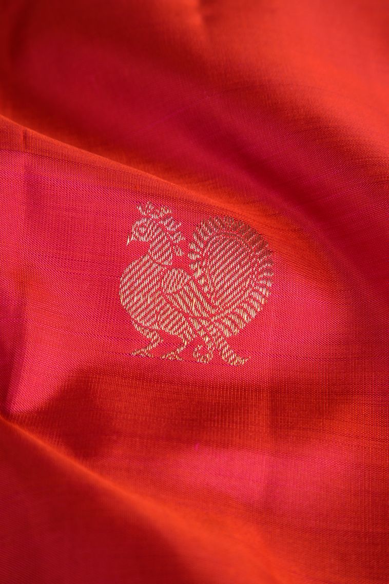 Rose  Red Kanchipuram Silk Sarees with Gold Zari Peacock Motifs view 4