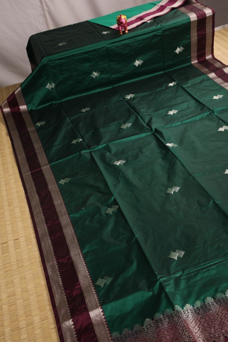 Bottle Green Soft Silk Saree with Silver Zari Geometric Shapes view 2