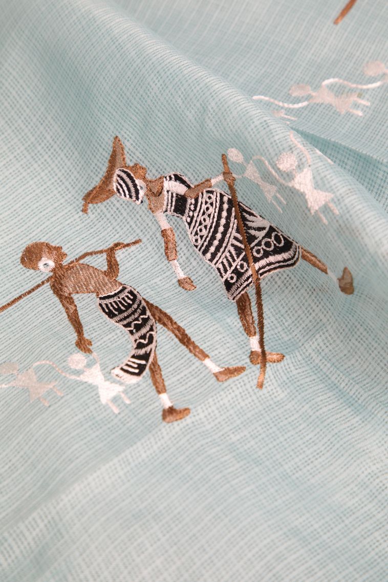 Sky Blue Organza Saree with Without Zari Zari Tribal Or Folk Art view 4