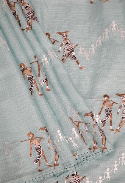 Sky Blue Organza Saree with Without Zari Zari Tribal Or Folk Art