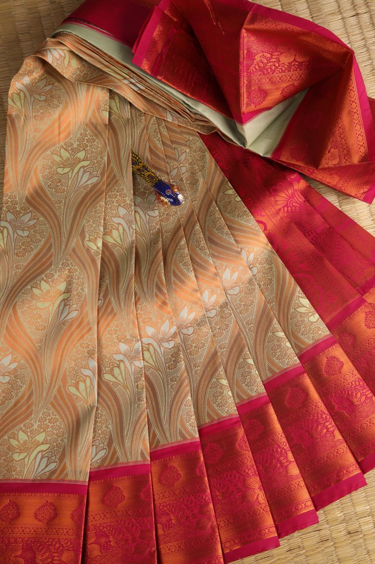 Shortbread Yellow Visiri Madippu Silk Sarees with Copper Zari Floral Patterns view 1