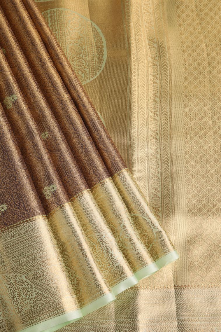 Peanut Brown Tissue Silk Sarees with Gold Zari Floral Patterns view 1