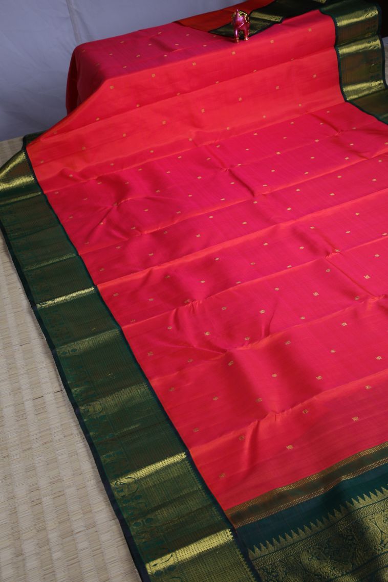 Rose  Red Kanchipuram Silk Sarees with Gold Zari Peacock Motifs view 2
