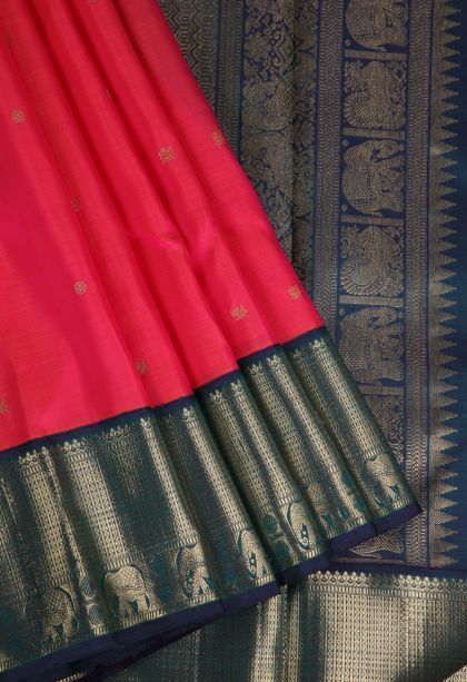 Rose  Red Kanchipuram Silk Sarees with Gold Zari Peacock Motifs