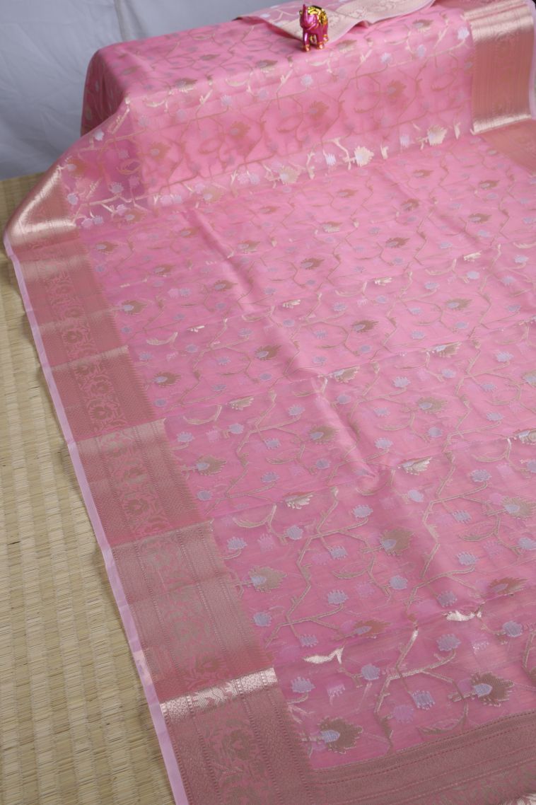 Ballet Pink Organza Saree with Copper Zari Floral Patterns view 2