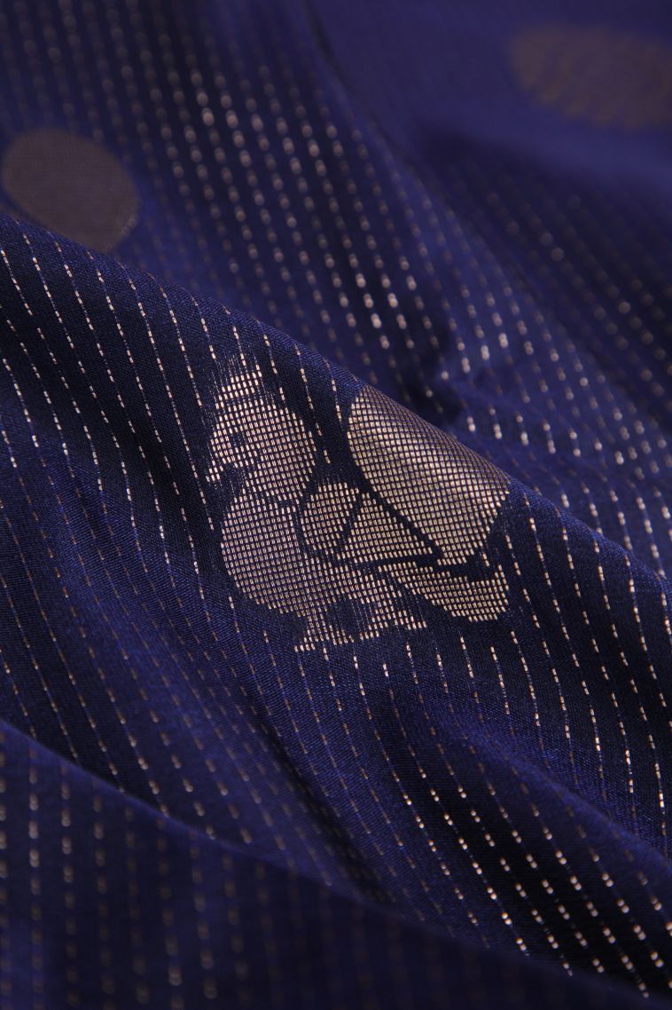 Navy Blue Soft Silk Sarees with Gold Zari Peacock Motifs view 4